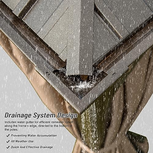 12' x 16' Hardtop Gazebo Outdoor Aluminum Gazebos Grill with Galvanized Steel Double Canopy for Patios Deck Backyard,Curtains&Netting by domi outdoor living Brown domi outdoor living