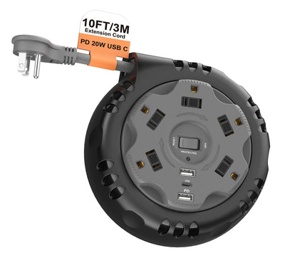 Retractable Power Strip Extension Cord Reel with USB C PD 20W, Flat Plug Travel Power Strip Surge Protection with 5 AC 3 USB Ports, 10FT Travel Extension Cord Portable Outlet, Black Grey