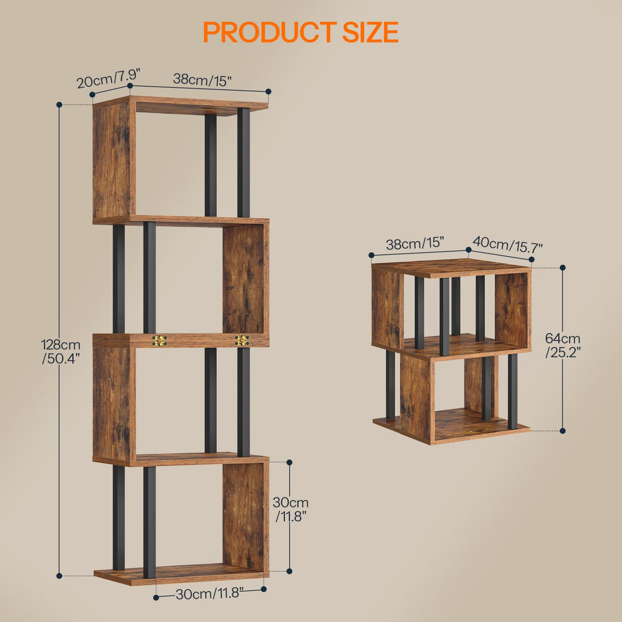 HOOBRO 5-Tier Bookshelf, S-Shaped Geometric Bookcase, Modern Display Shelf, Wooden and Metal Decorative Divider Rack, 2-in-1 Folding Bookshelf for Office, Living Room, Rustic Brown and Black BF20SJ01 HOOBRO