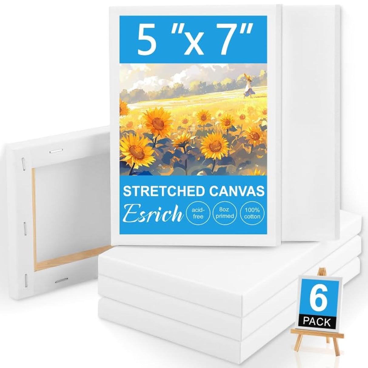 ESRICH Small Canvases for Painting, 6 Pack Canvas 5x7 Inch Stretched Canvas 2/5" Profile Primed Acid Free Painting Canvas for Kids for Oil Paint,Watercolor,Acrylic Paint,Gouache &Tempera. ESRICH