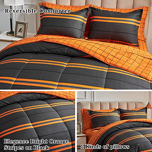 Flysheep Boho Striped Halloween Bed in a Bag 6 Pieces Twin Size, Ombre Bright Orange Stripes on Black Comforter Sheet Set (1 Comforter, 1 Flat Sheet, 1 Fitted Sheet, 2 Pillow Shams, 1 Pillowcase) Flysheep