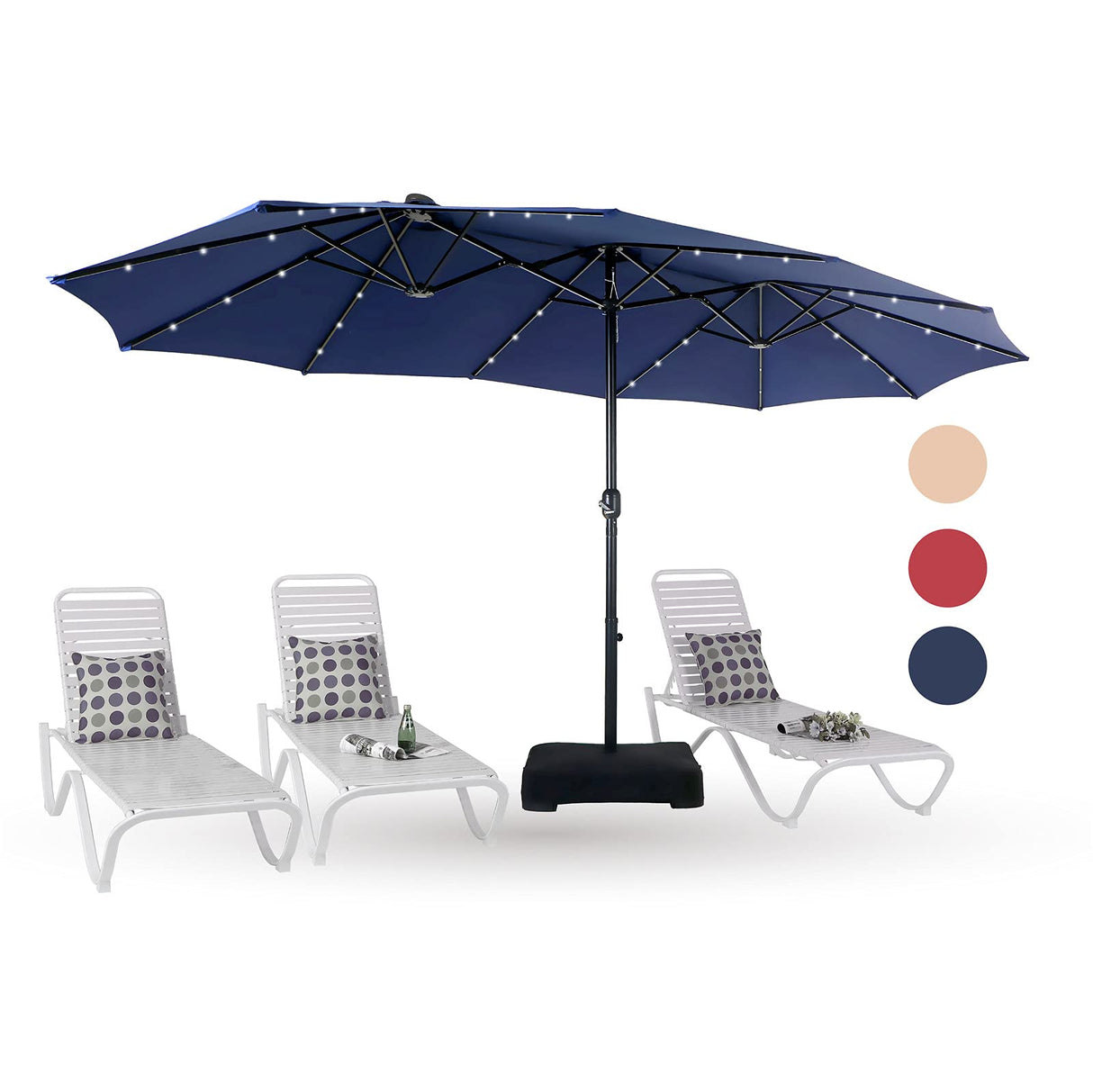 PHI VILLA 15ft Large Patio Umbrella with Solar Lights, Double-Sided Outdoor Market Rectangle Umbrellas with 36 LED Lights, Umbrella Base (Stand) Included, Navy Blue PHI VILLA