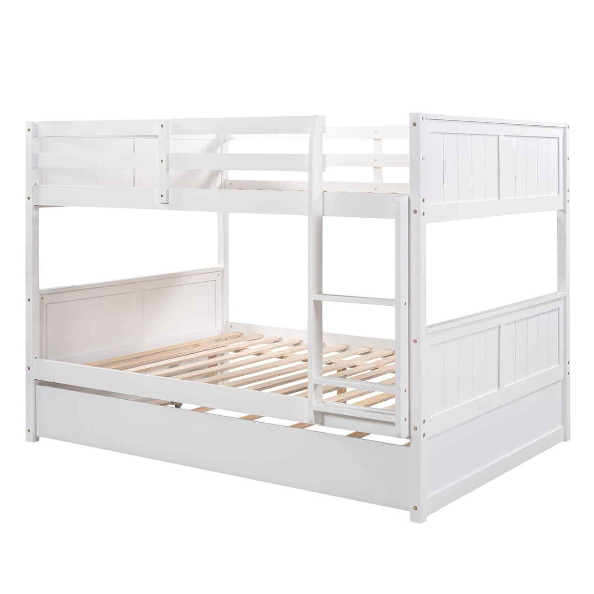 Full Over Full Bunk Bed with Trundle, Solid Wood Bunk Beds with Full-Length Safety Guard Rail and Ladder, Can be Separated to 2 Full Size platform Beds, for Kids, Teens and Adults (White, New) MERITLINE