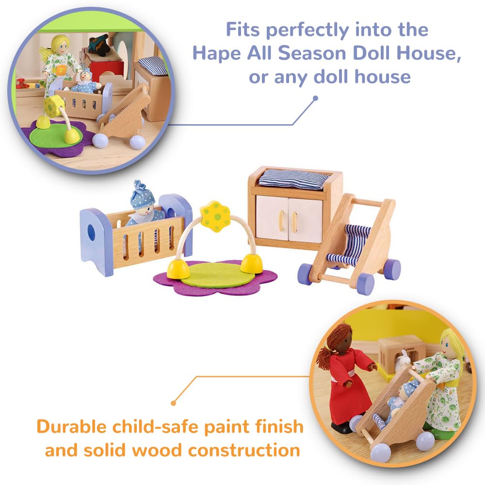 Hape Wooden Doll House Furniture Baby's Room Set with Baby| Pretend Playset for Kid’s Wooden Dollhouse Hape