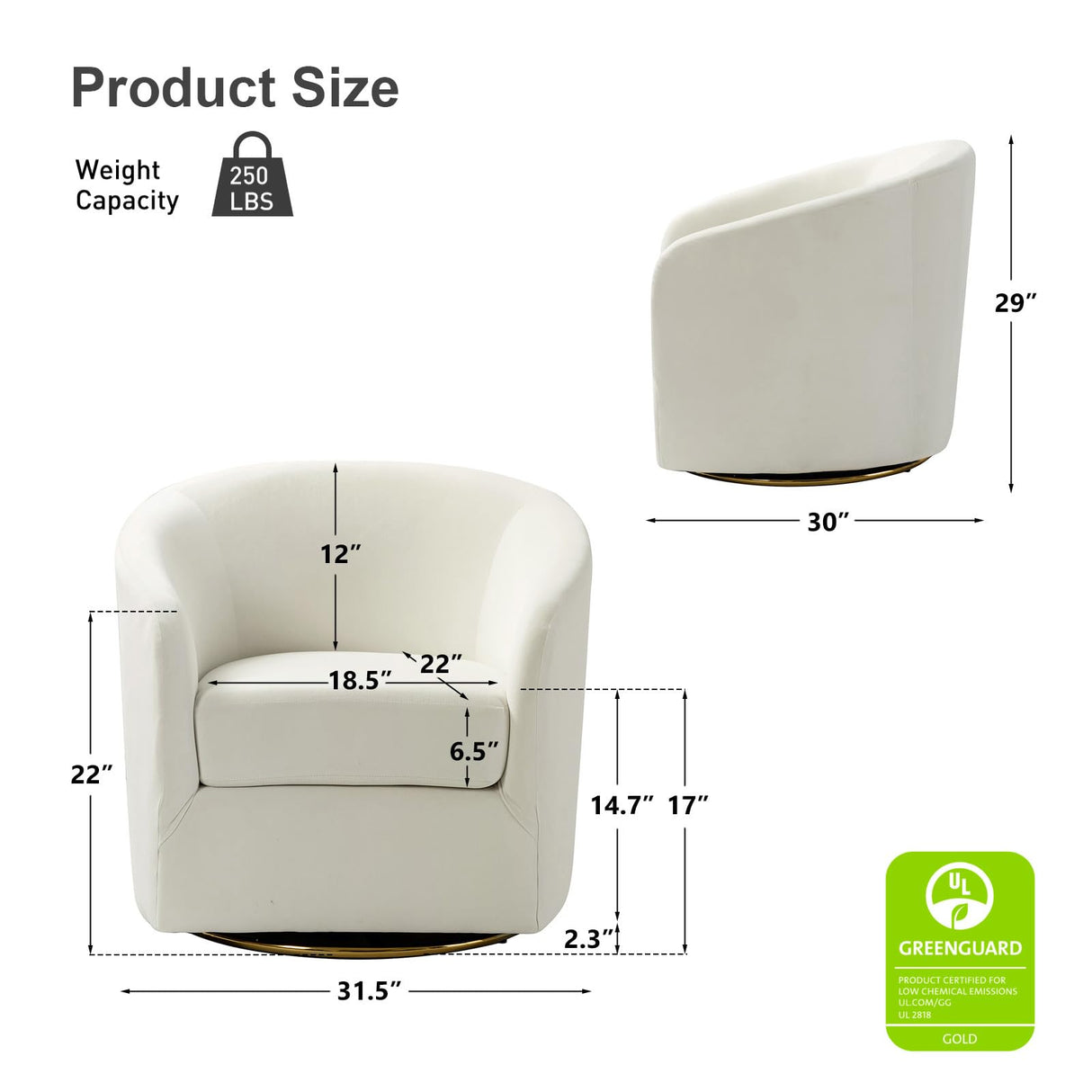 HULALA Home Swivel Accent Chair with Gold Metal Base, Contemporary Velvet Curved Swivel Barrel Chair, Upholstered Club Armchair, Leisure Single Sofa for Living Room, Nursery, Bedroom(Ivory) HULALA HOME