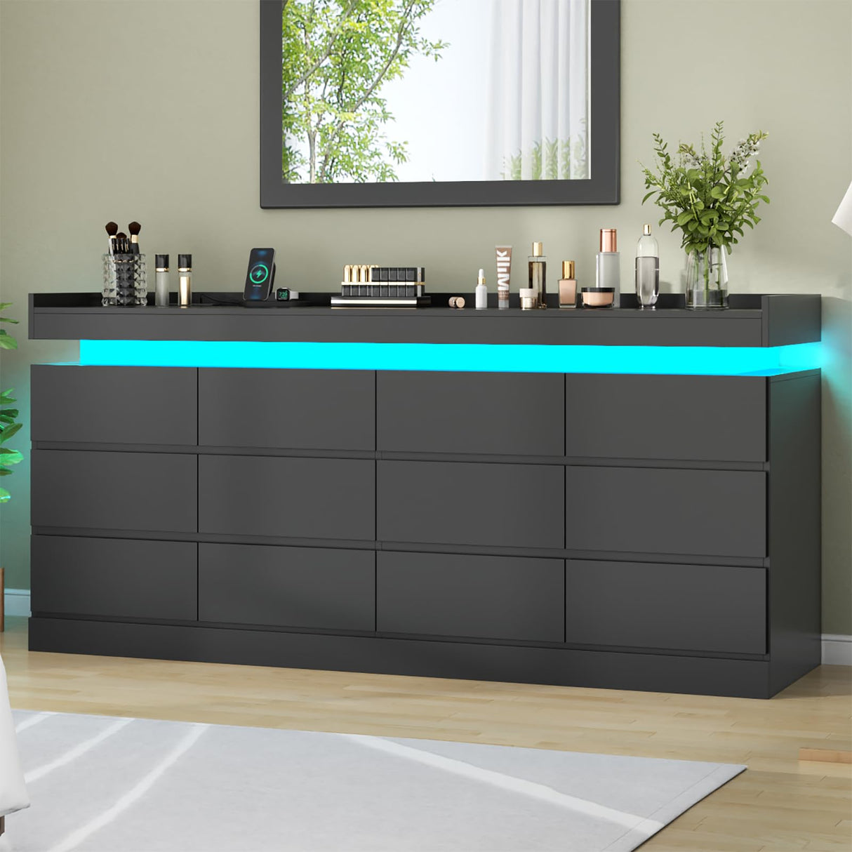 Extra Large 6 Drawer Dresser with 12 Compartments, Dresser with Power Outlet & LED Light, Modern Chest of Drawers, Double Wide Drawer Organizer Cabinet for Bedroom, Living Room, Entryway (Black) Gyfimoie