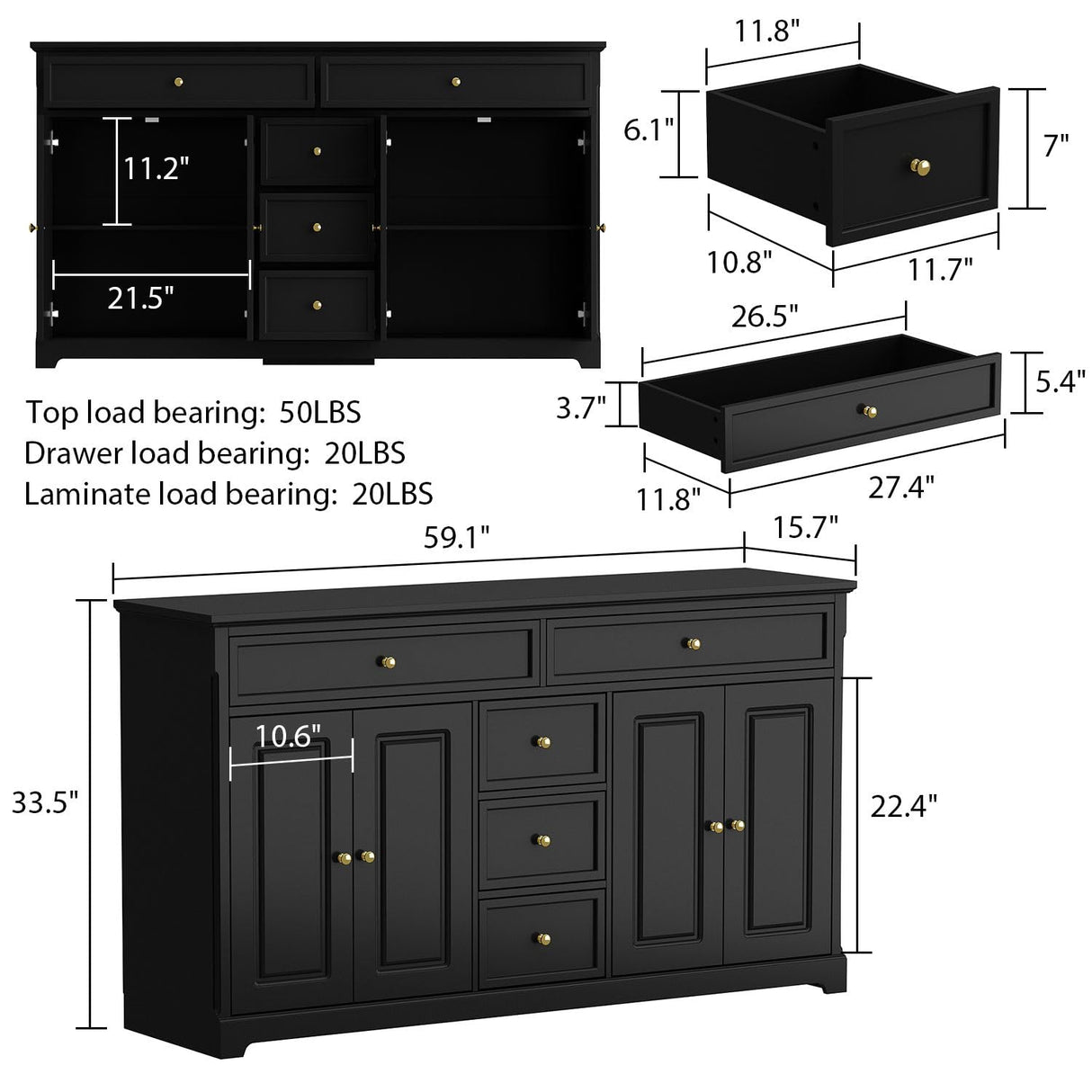 MOUMON Sideboard Credenza with Doors and Shelves, Credenza Sideboard Buffet with Drawers, Buffet Table Home Bar Cabinet for Kitchen Living Room Black (59.1”W x 15.7”D x 33.5”H) MOUMON