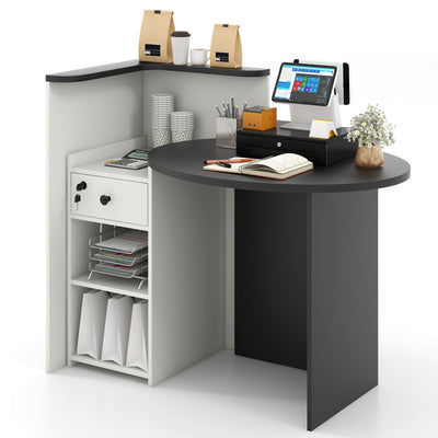 IFANNY Reception Desk, 48’’ Retail Counter w/Lockable Drawer & Storage Shelf, L-Shaped Reception Table, Wooden Computer Desk for Salon, Restaurant, Office (Black & White)