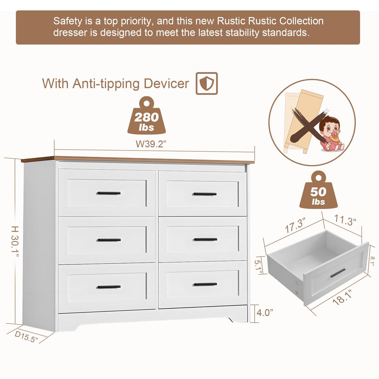 GEPELCN Farmhouse Dresser for Bedroom 6 Drawers Dresser with Power Outlets Rustic Chest of Drawers with Natural Texture White Organizer for Living Room Hallway GEPELCN
