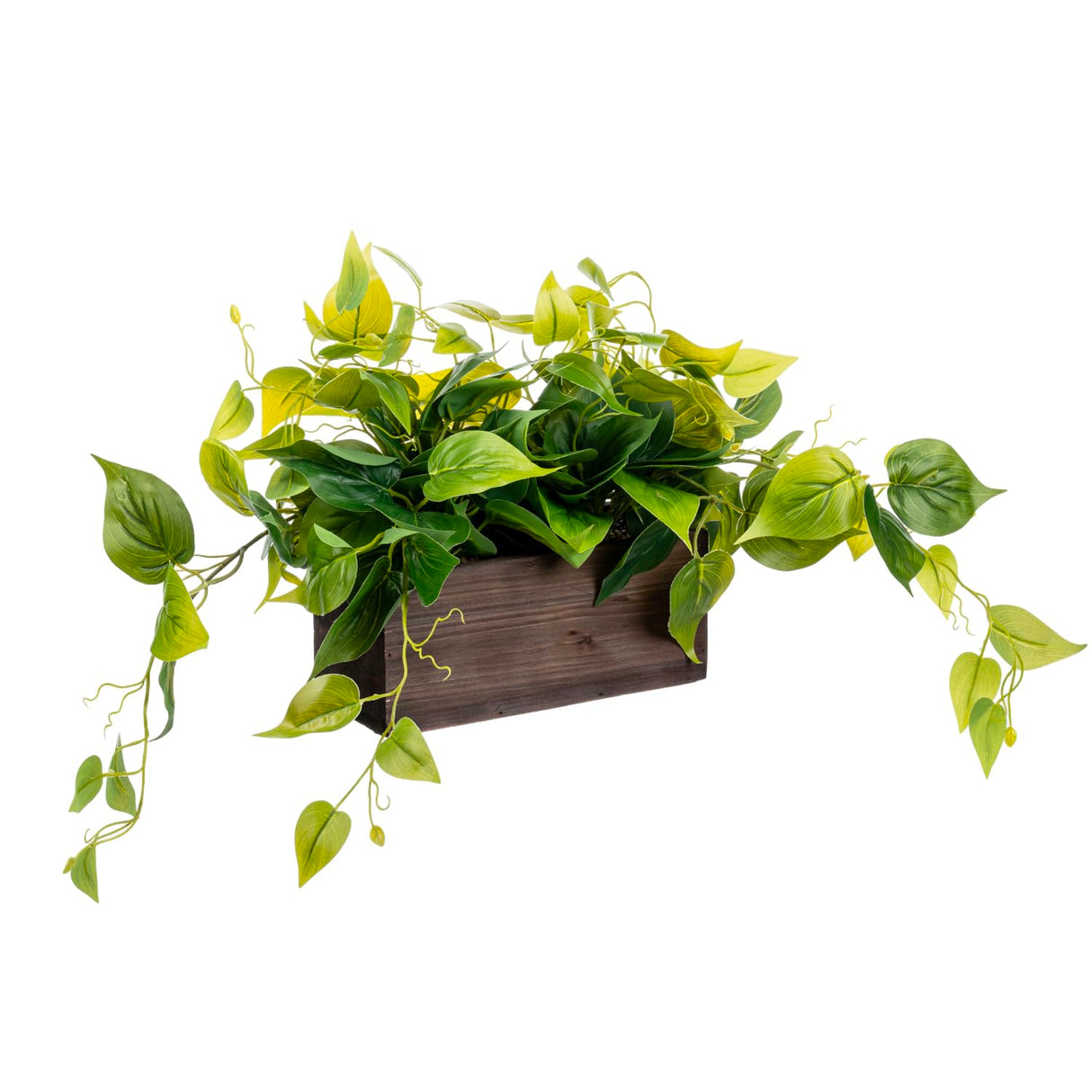 MyGift Vibrant Lifelike Artificial Plant Pothos Leafy Vine Greenery in Burnt Brown Solid Wood Rectangular Planter Box MyGift