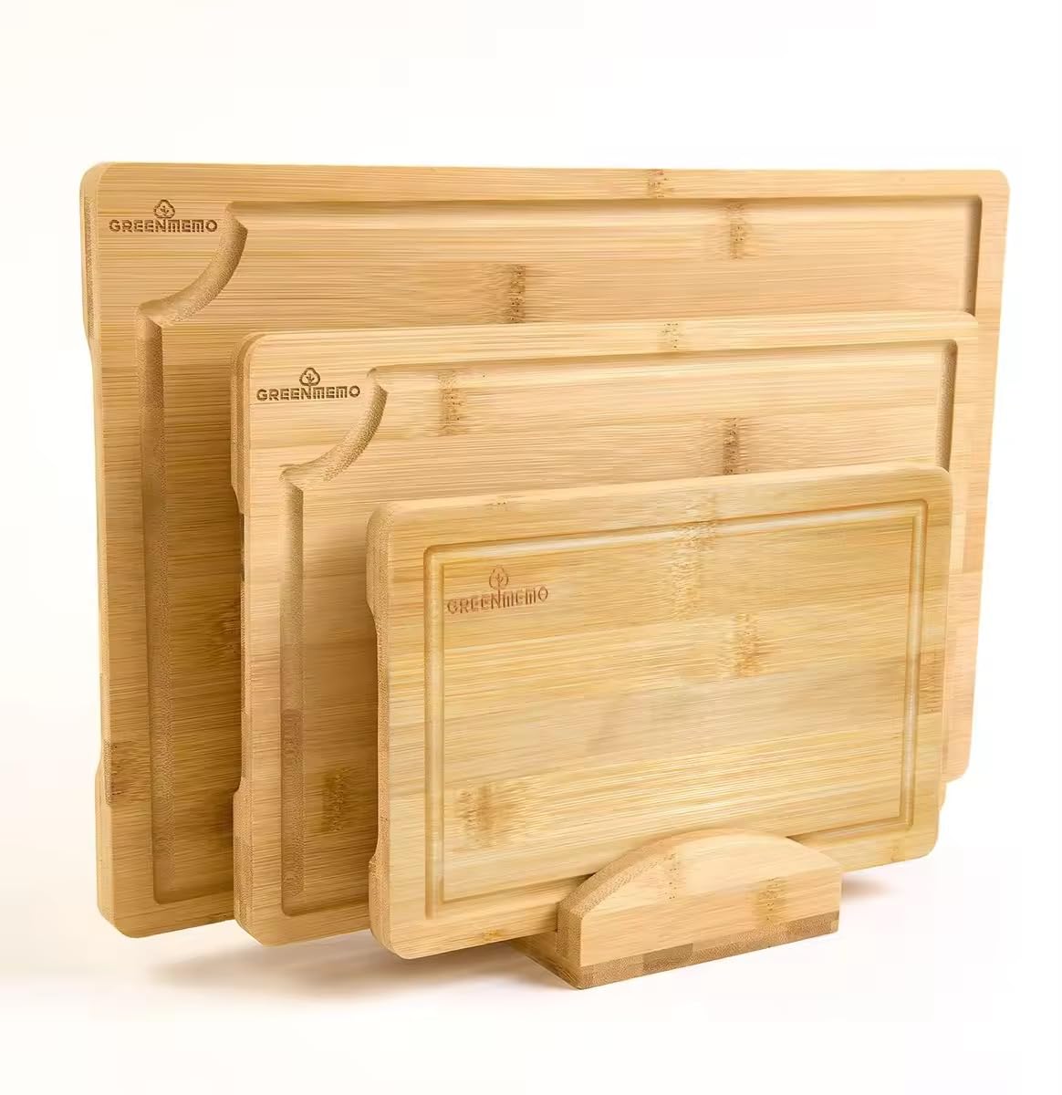 Bamboo Cutting Boards for Kitchen, Wood Cutting Board with Holder, Bamboo Cutting Board Set Reversible with Juice Grooves for Meat Cheese Fruit and Vegetables (Four Piece Set) Greenmemo