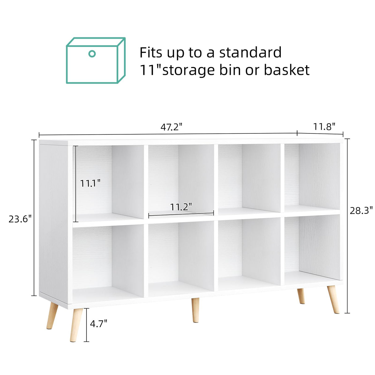 8-Cube Bookshelf 2 Tier Modern Bookcase with Legs, 11in Shelf Opening, 47" Wood Bookshelves Storage Organizer Shelf, Freestanding Open Book Shelves for Bedroom Living Room Office, Modern White Flrrtenv