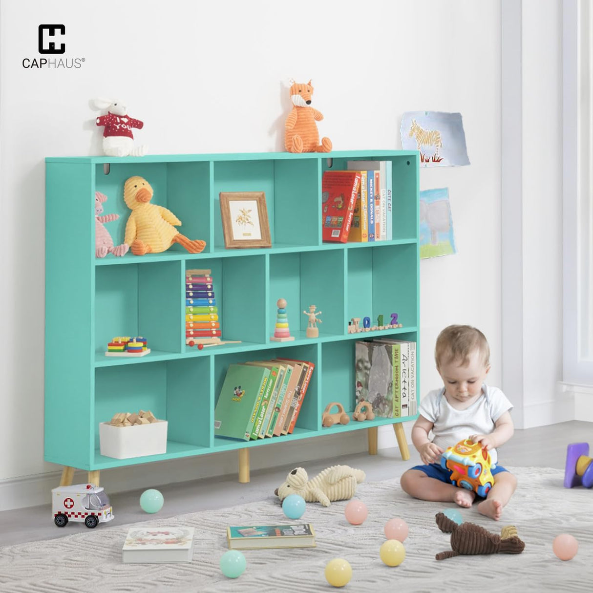 CAPHAUS 10 Cube 3 Tier Mid Century Bookshelf, 55” Wide Wooden Cube Storage Organizer with Legs, Open Shelf Bookcase, Modern Shelving for Living Room, Bedroom, Office, Tiffany Green CAPHAUS