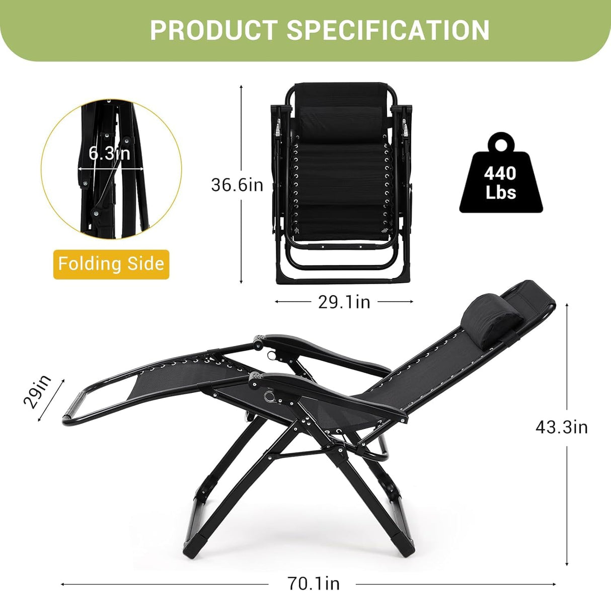 Garvee Lounge Chair Supports Indoor/Outdoor Adjustable Folding Recliner with 29 Inch Seat, Removable Cup Holder & Headrest Grey Garvee