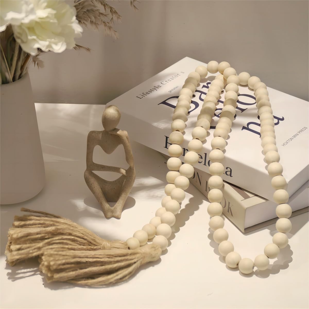 WORLDLYDA Wood Bead Garland with Tassels 58in/32in Farmhouse Wood Beads Rustic Country Decor Prayer Boho Beads Versatile Wall Hanging Home Deco (Natural 58in) Fashion Modern WORLDLYDA