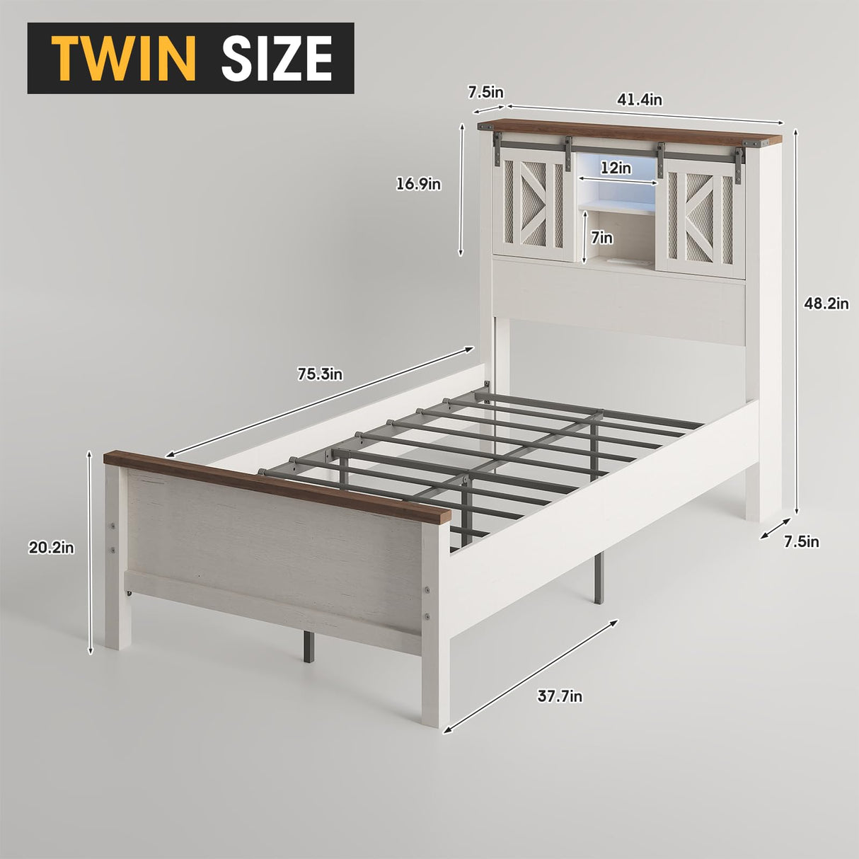 Fameill Farmhouse Twin Size Bed Frame with Storage Headboard, Sliding Barn Door Design, 2-Tier Shelves Bookcase Storage, Charging Ports & USB Outlets, LED Light, No Box Spring Needed, Easy Assembly Fameill