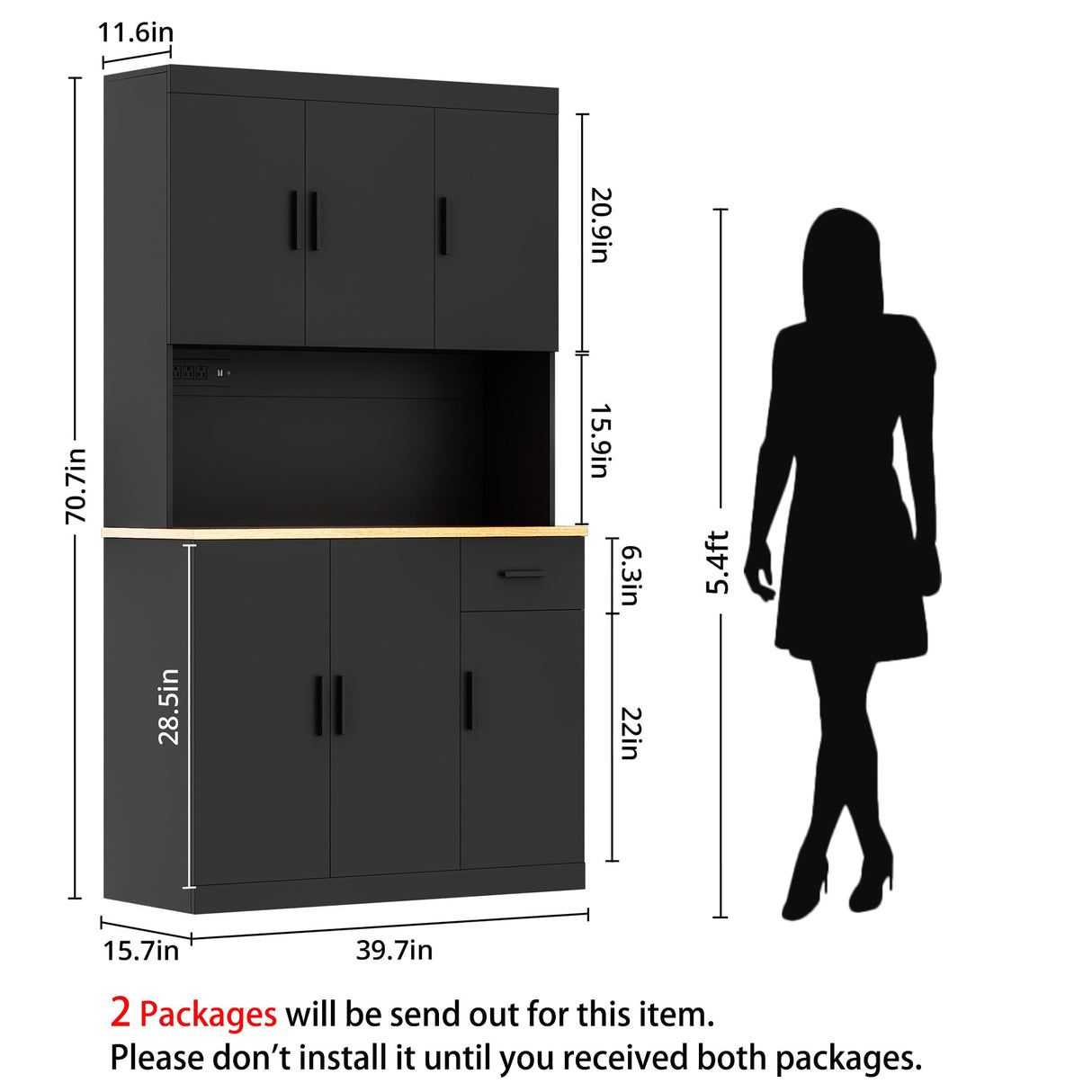 DIYART Black Kitchen Pantry Cabinet, 71" Tall Kitchen Storage Cabinet with Power Outlet, Freestanding Kitchen Hutch with countertop DIYART