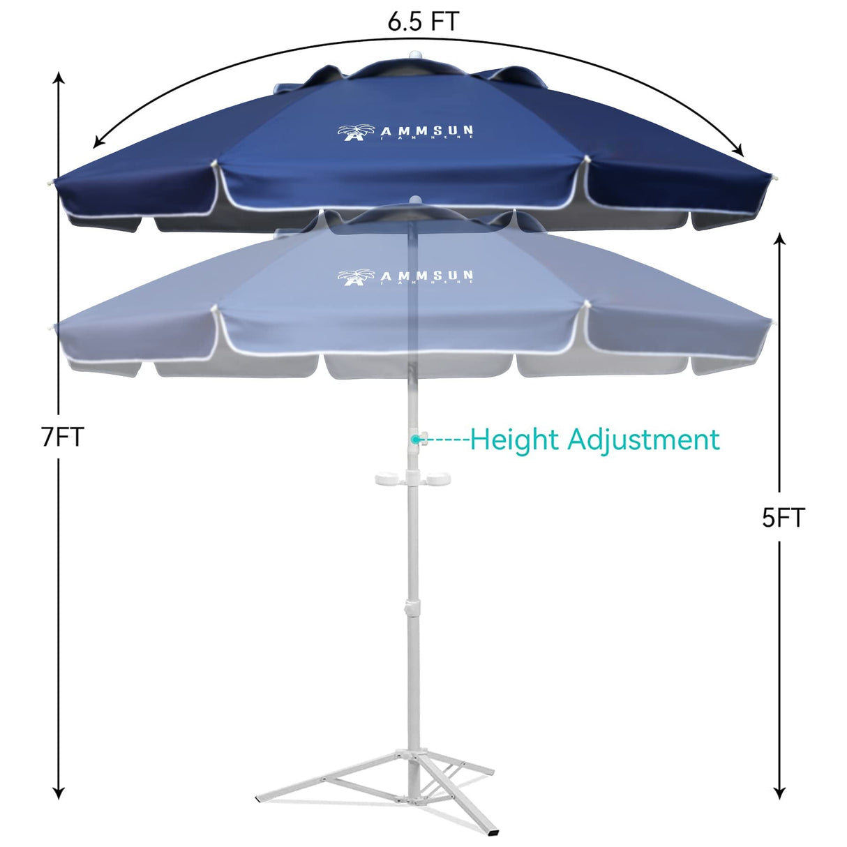 AMMSUN Shade Umbrella, Premium Portable Umbrella with Stand, 6.5ft Lightweight Free Standing Canopy for Sporting Games, Adjustable Instant Sun Protection and Easy to Carry, Navy Blue AMMSUN