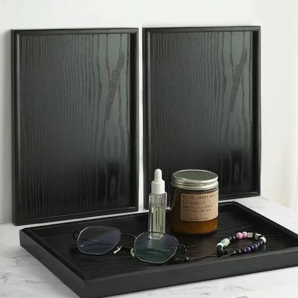 17.7 x 13 Inches Extra Large Solid Wood Serving Tray Tea Coffee Table Tray Snack Food Meals Serving Plate Kitchen Party Bar Server Breakfast Tray with Raised Edges Black Ottoman Tray Rectangle XKXKKE