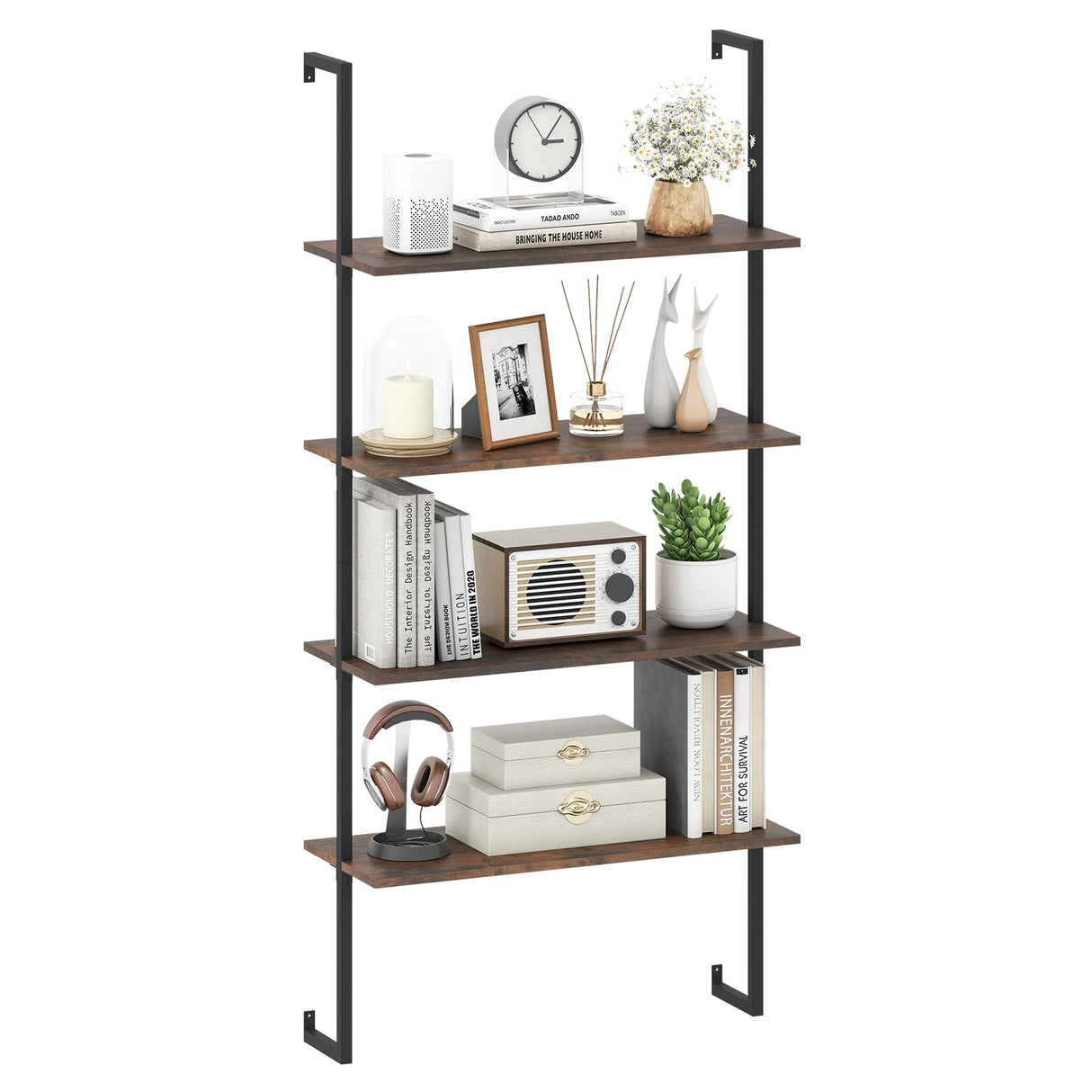 Tangkula 4-Tier Wall-Mounted Bookshelf, Industrial Floating Storage Display Shelves with Metal Frame, Wall-Mounted Ladder Wooden Bookcase for Living Room, Kitchen, Bar, Office (1, Brown) Tangkula