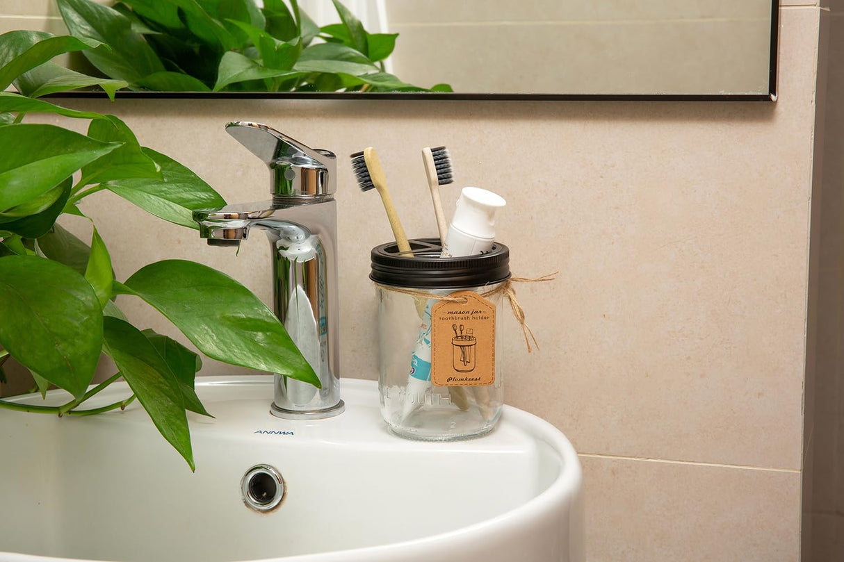 Plomkeest 16 oz Mason jar Toothbrush Holder Rust Proof 304 Stainless Steel Rustic Farmhouse Decor Bathroom Accessories(Black) Plomkeest