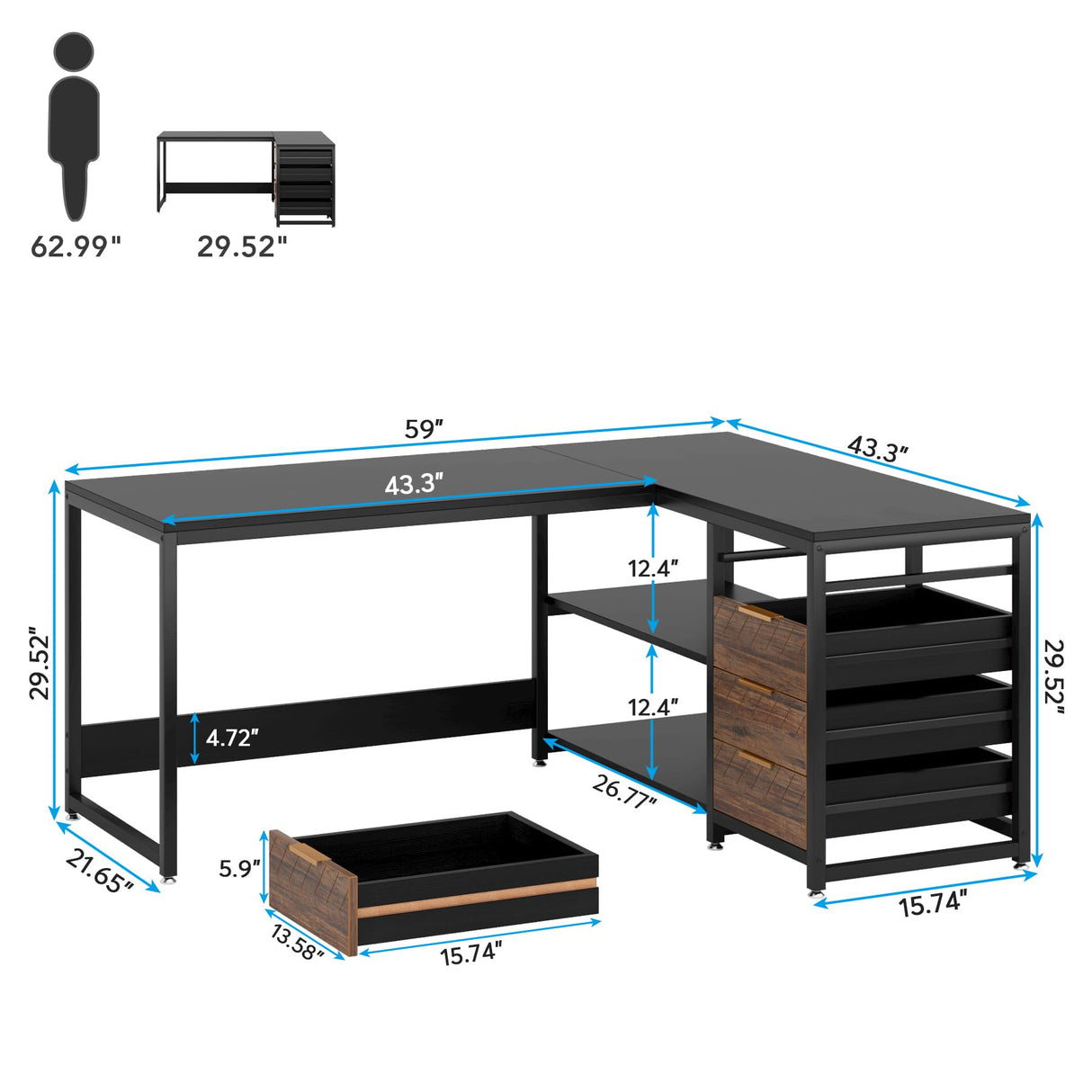 Tribesigns L Shaped Computer Desk with Storage Drawers, 59 inch Corner Desk with Shelves, Reversible L-Shaped Office Desk Study Writing Table Workstation for Home Office, Black Tribesigns