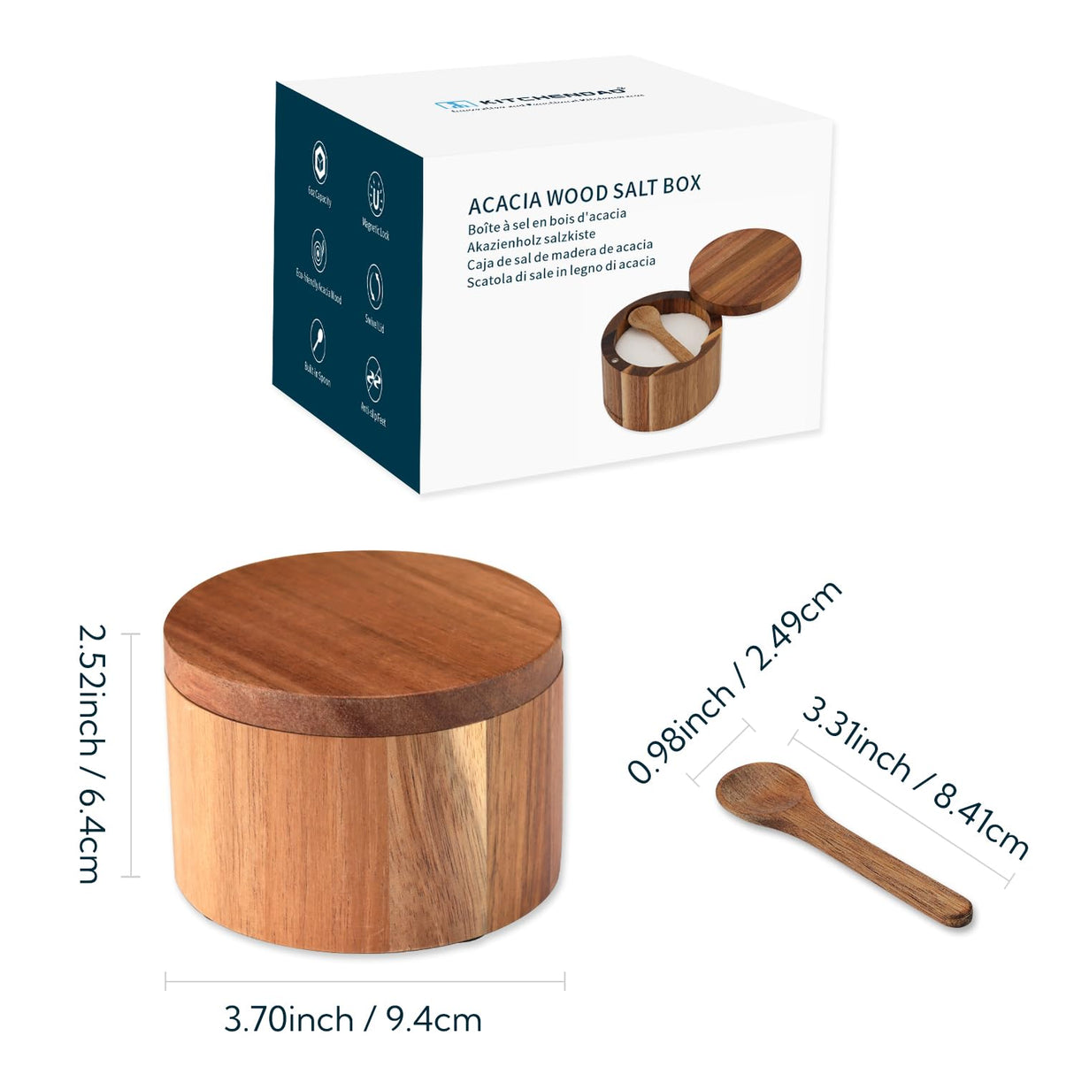 KITCHENDAO Acacia Wood Salt Cellar Bowl Box with Built-in Spoon to avoid Dust, Elegant Kitchen Salt Container Holder with Swivel Magnetic Lid to Storage Pepper Spice Bath Salt Sea Salt, 6OZ KITCHENDAO