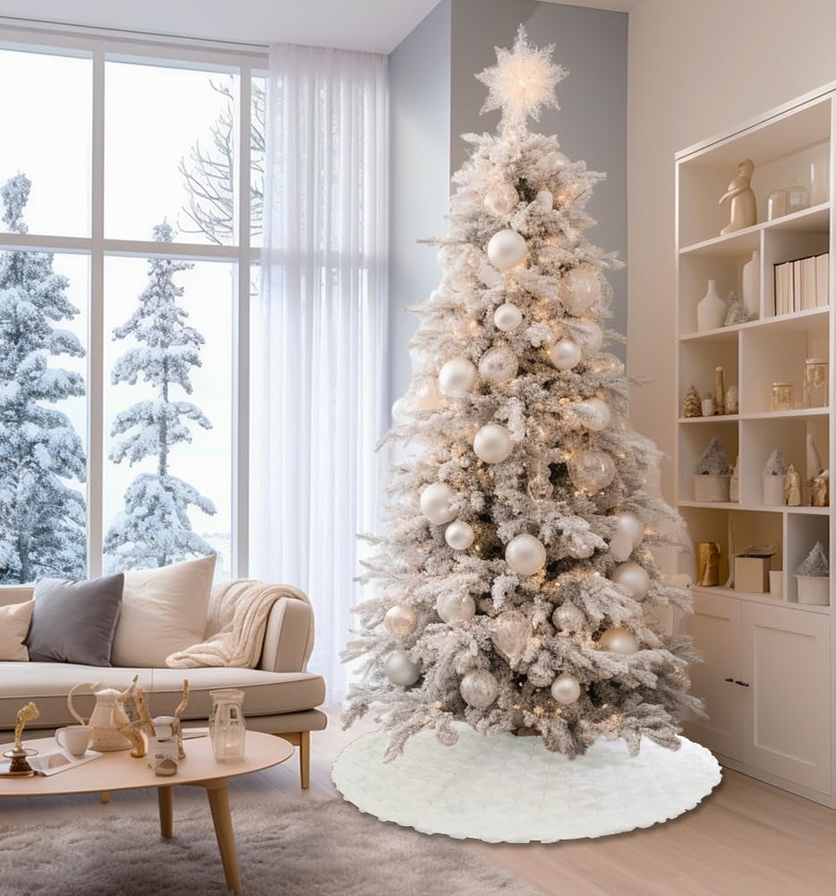 AISENO 48 Inch Christmas Tree Skirt Faux Fur with Cable Knit Knitted Thick Decoration for Merry Christmas Decorations AISENO