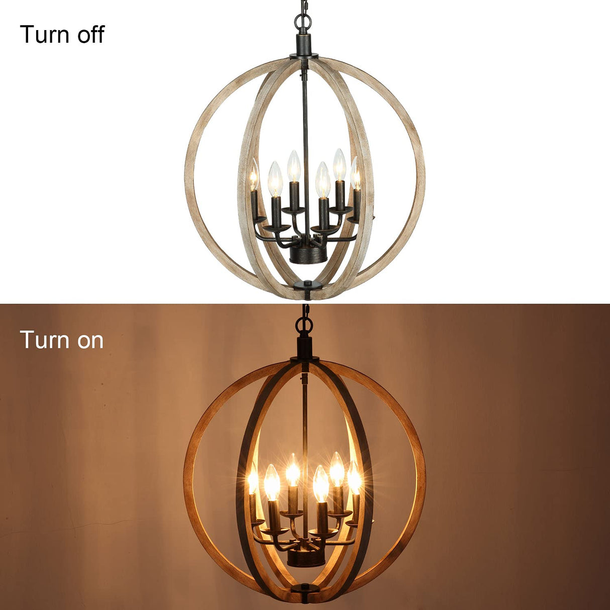 Derksic Orb 6-Light Farmhouse Chandelier 20" Rustic Vintage Wood Chandelier Wooden Globe Chandelier for Kitchen Island Living Room Dining Room Bedroom Foyer Stairwell, Brown Derksic