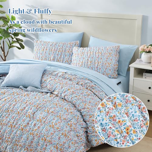 BLOOMHAVEN King Comforter Set - 7 Pieces Blue Classic Puff Floral Bedding Sets for All Seasons, Shabby Chic Farmhouse Bed in a Bag King with Wildflowers Fluffy Comforter, Sheets, Pillowcases & Shams BLOOMHAVEN