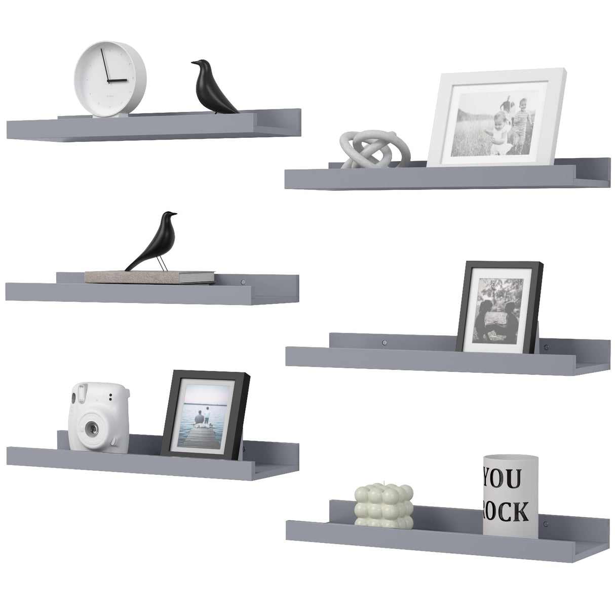 DOLLFIO Floating Shelves Set of 6, Grey Wall Shelves with Lip, Display Shelves for Wall Decor, Modern Picture Ledge for Living Room, Bedroom, Nursery, Bathroom, Pictures, Books, Plants- Grey DOLLFIO