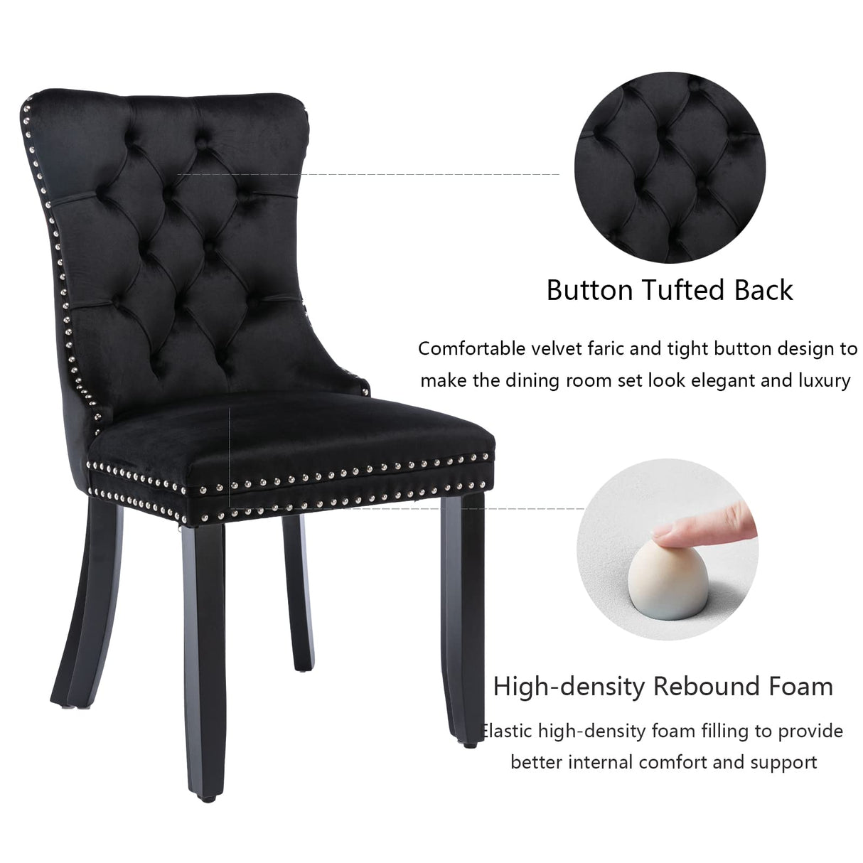 Black Velvet Dining Chairs Set of 4, Upholstered Dining Room Chairs with Back Ring Pull Trim and Solid Wood Legs,Modern Dining Chairs Perfect for Dining Room,Living Room,Kitchen(Black) Shenyon