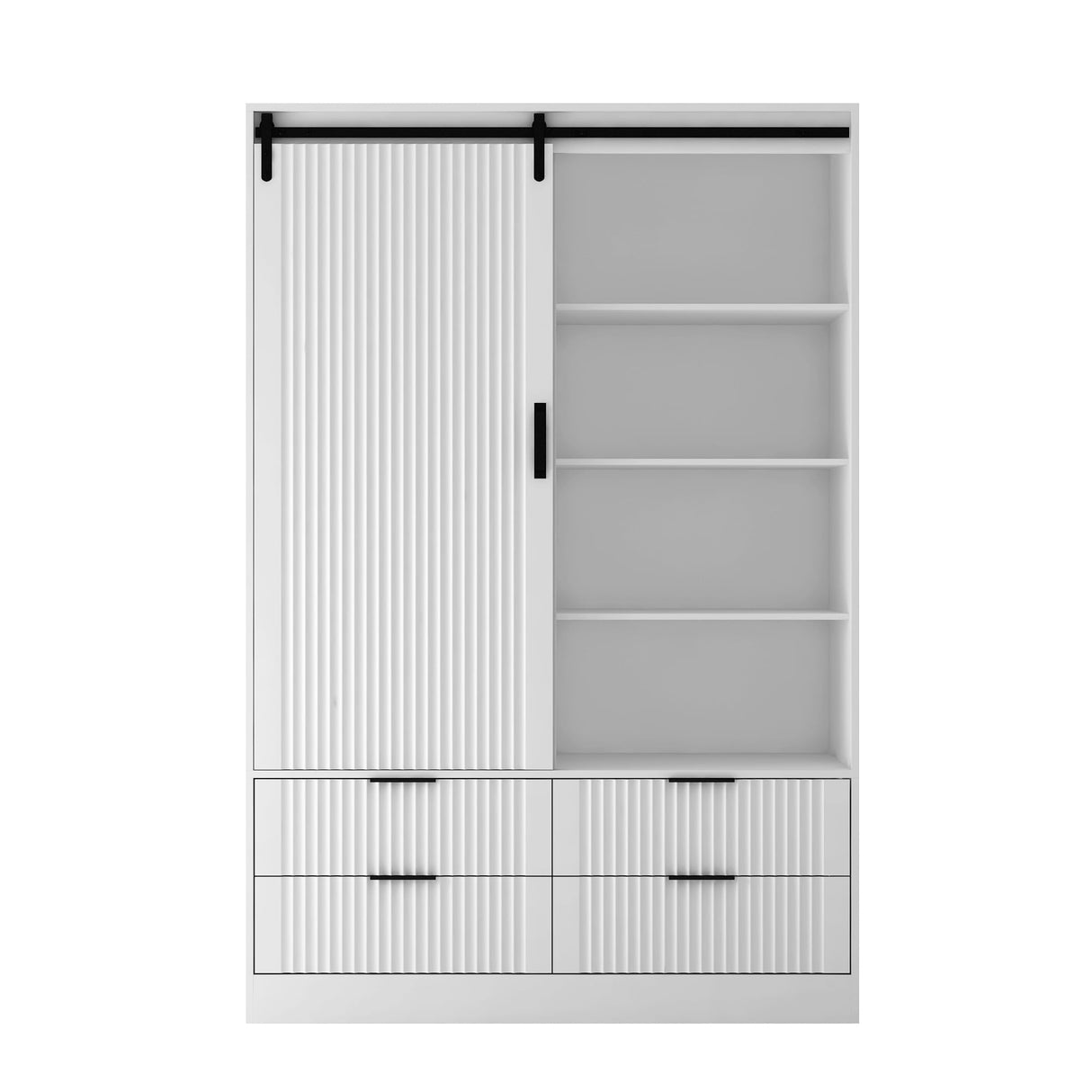 cloblane Wardrobe Closet with Sliding Barn Door, Tall Wooden Freestanding Armoire Wardrobe Closet Cabinet with 4 Drawers, Open Shelves and Hanging Rod, Clothes Organizer Cabinet for Bedroom, White cloblane