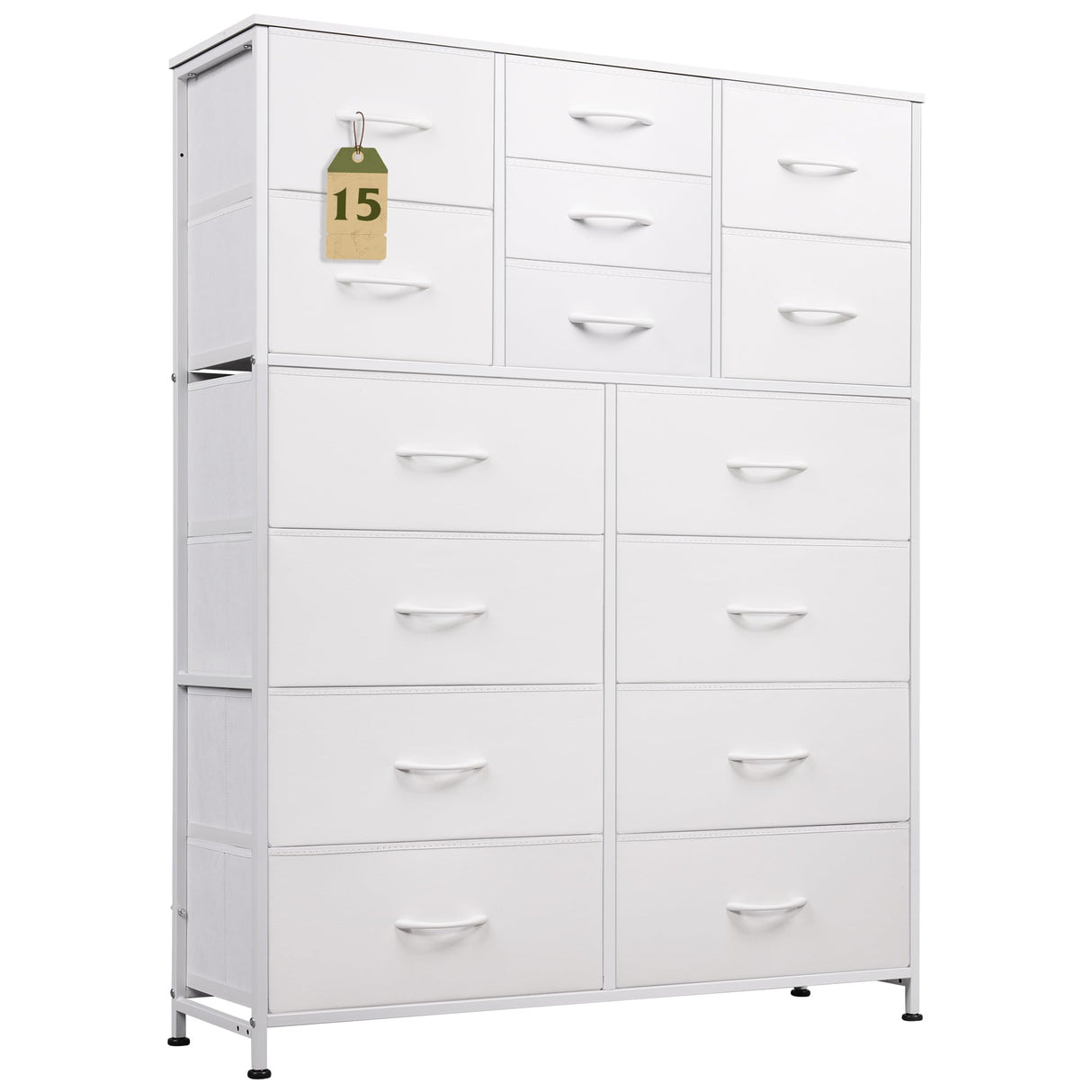 WLIVE Tall White Dresser for Bedroom Furniture, Fabric Dressers Storage Tower with 15 Deep Drawers, Dresser for Closet, Hallway, Entryway, Office, Storage Tower with Cabinet, Metal Frame, Wooden Top WLIVE