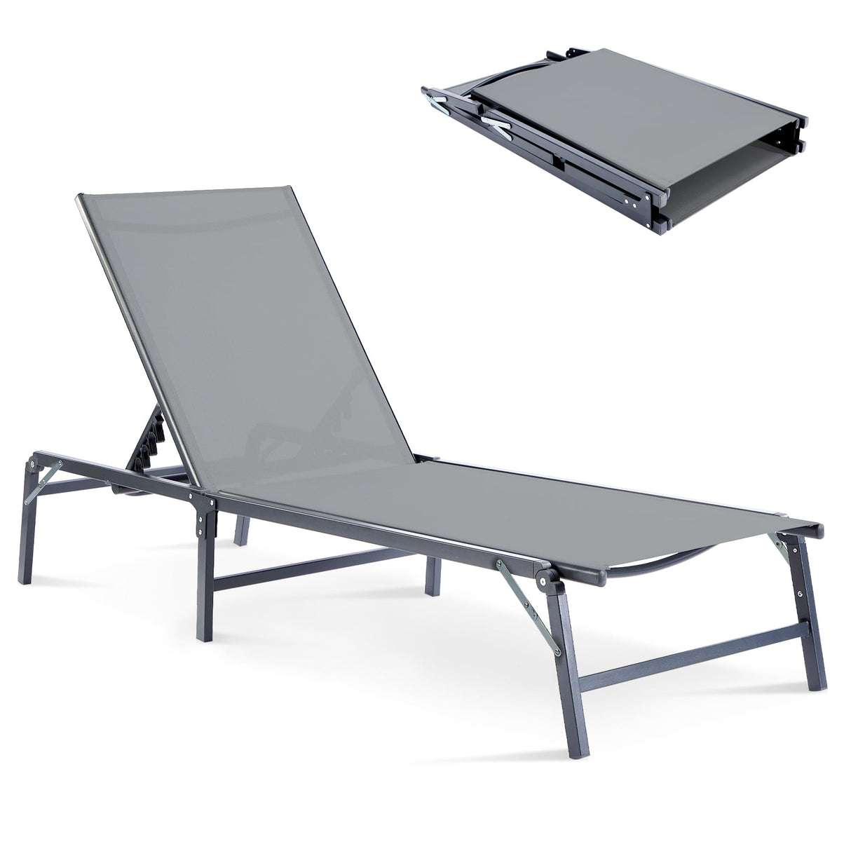 HOMELYM Outdoor Chaise Lounge Chair, Foldable & Assemble-Free, 6 Adjustable Positions, Durable Rust-Resistant Frame, Portable Outdoor Pool Lounge Chairs for Pool Patio Beach, Grey HOMELYM
