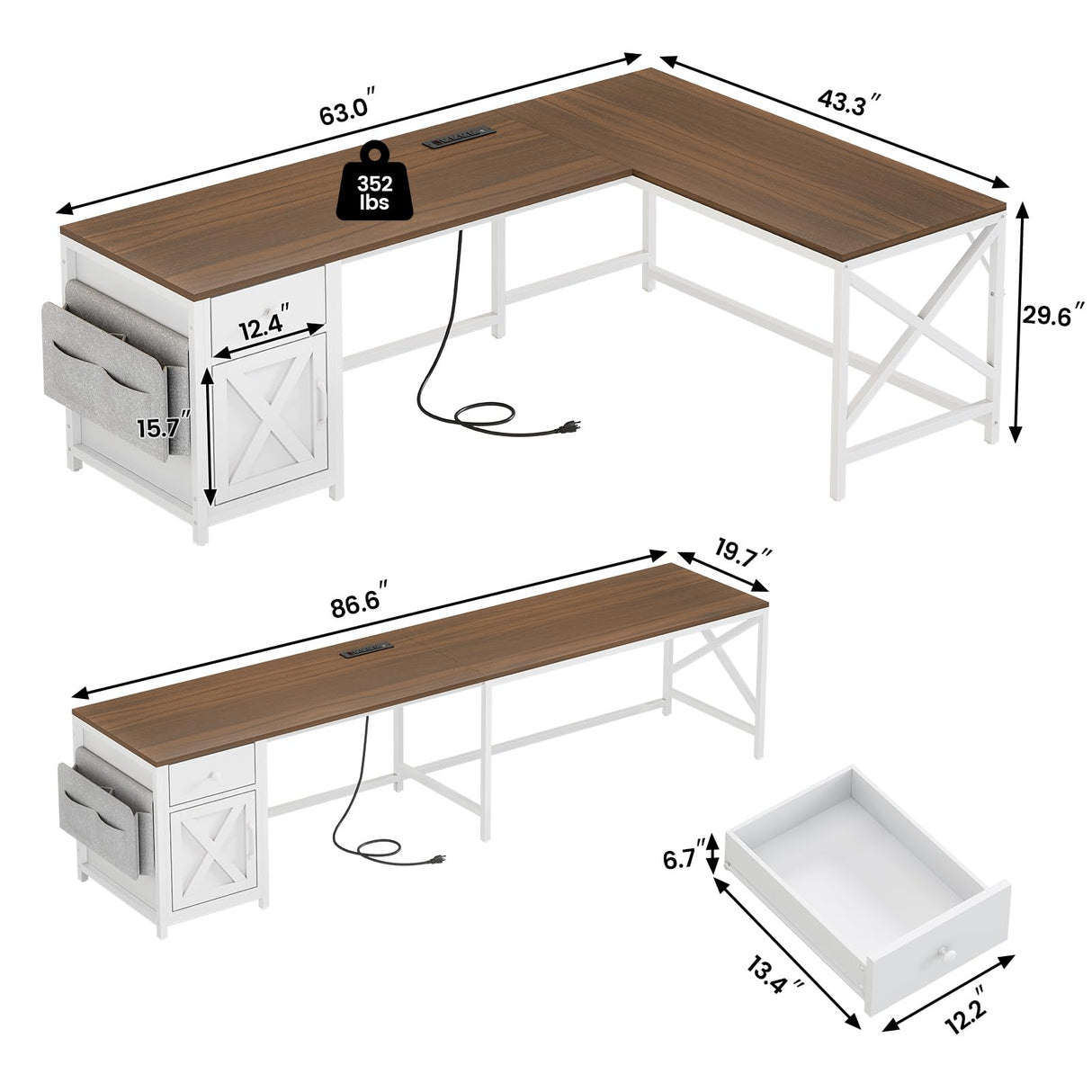 SEDETA 63" L Shaped Desk, Convertible Corner Office Desk with Drawer, Farmhouse Computer Desk with Power Strip & Storage Cabinet for Home Office, Brown & White SEDETA
