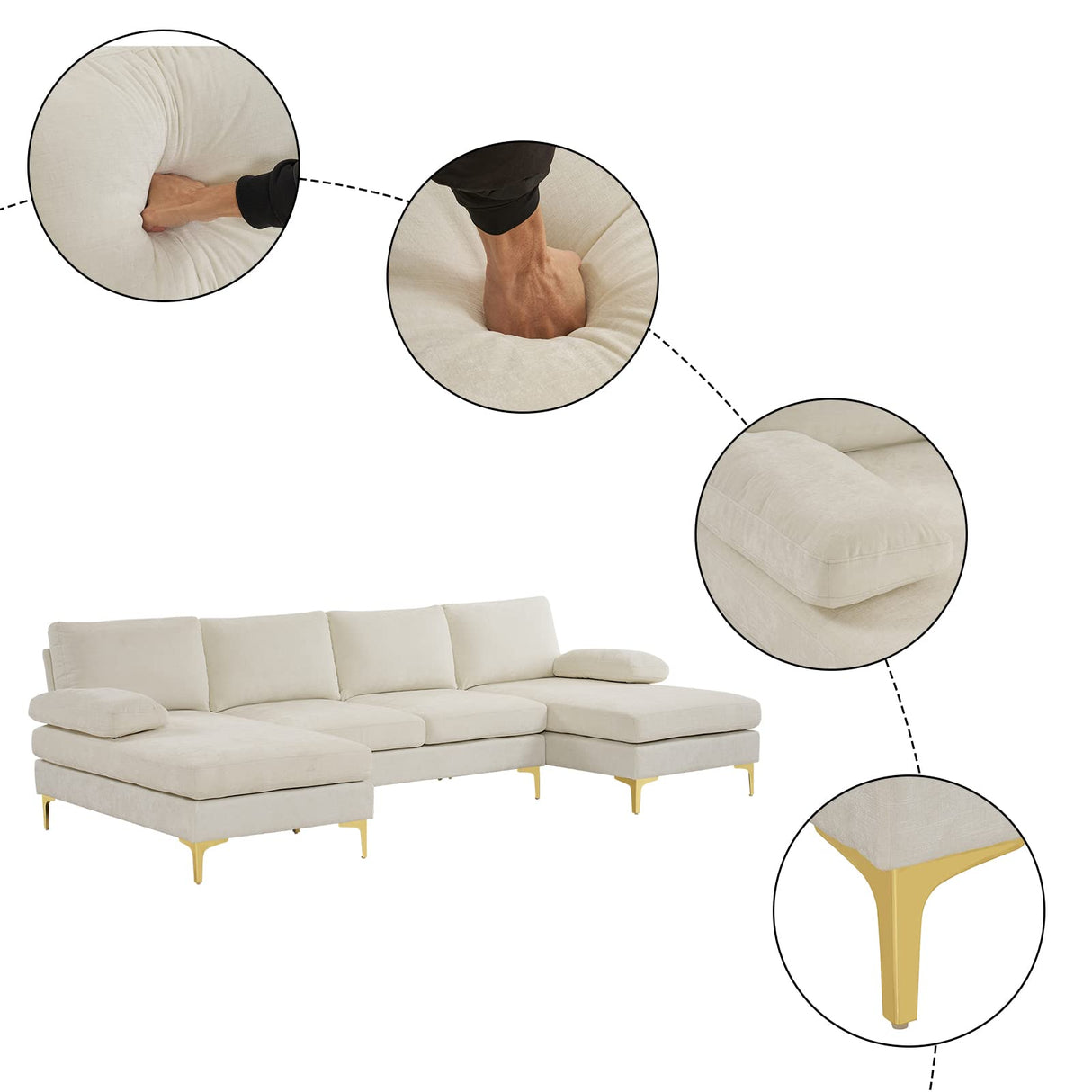 Karl home Convertible Sectional Sofa 110" U-Shape Sofa Couch 4-Seat Couch with Chaise ChenilleFabric Upholstered for Living Room, Apartment, Office, Creamy White Karl home