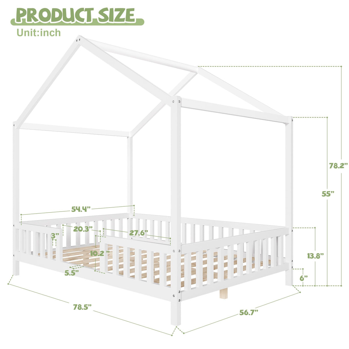 Merax House Shape Full Size Montessori House Bed Wood Floor Bed with Canopy Full Bedframe for Kids No Box Spring Needed White Merax