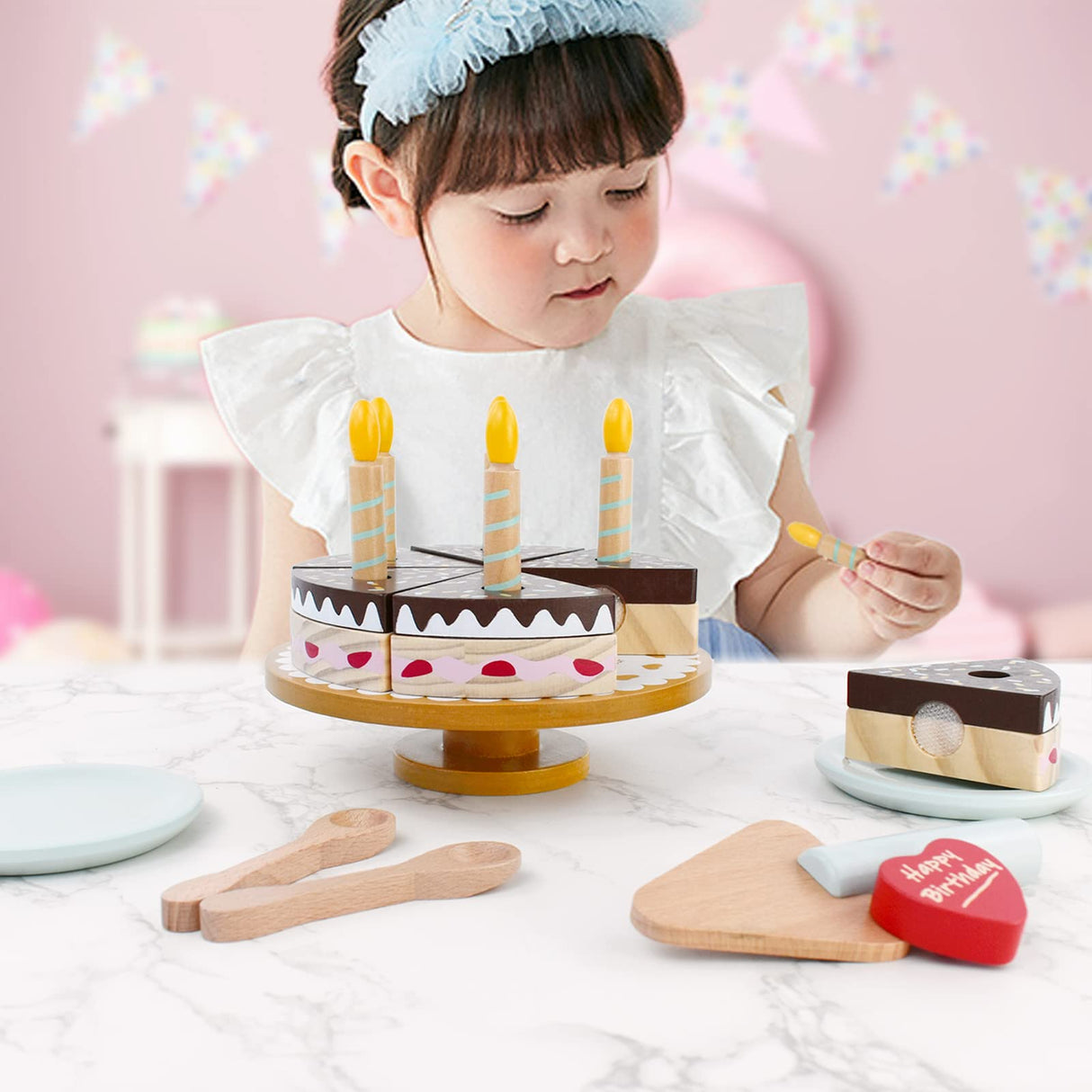 PairPear Birthday Party Cake Playset for Kids,Wooden Toys Play Food PairPear