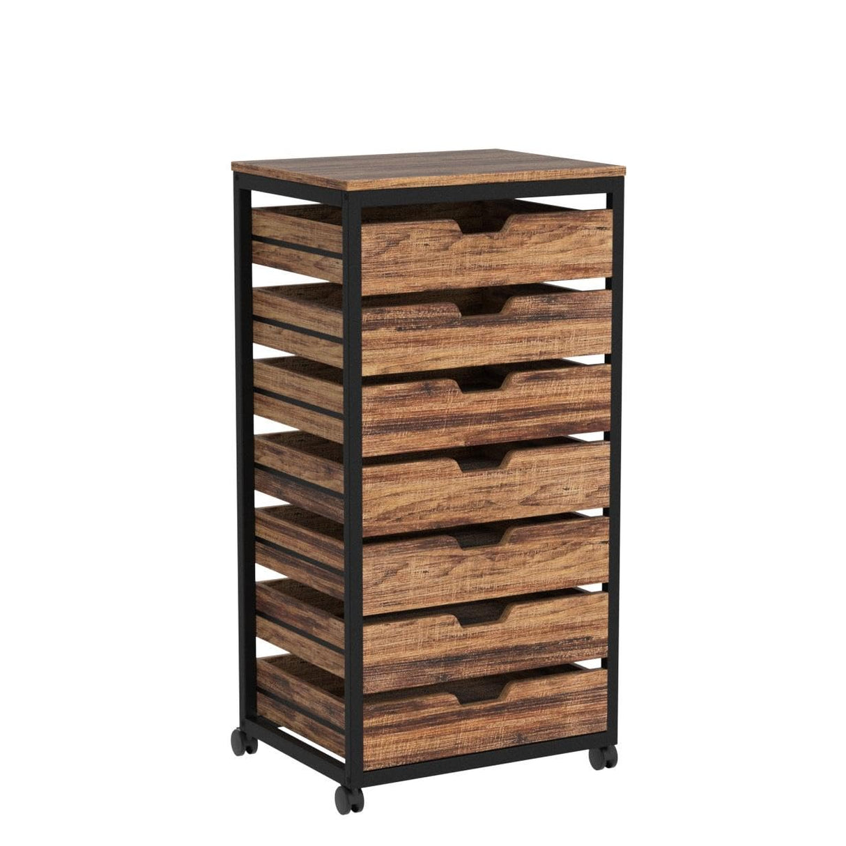 Tribesigns 7 Drawer Chest, Wood Storage Dresser Cabinet with Wheels, Industrial Storage Drawer Organizer Cart for Office Bedroom Entryway (Rustic Brown, 2 PC) Tribesigns