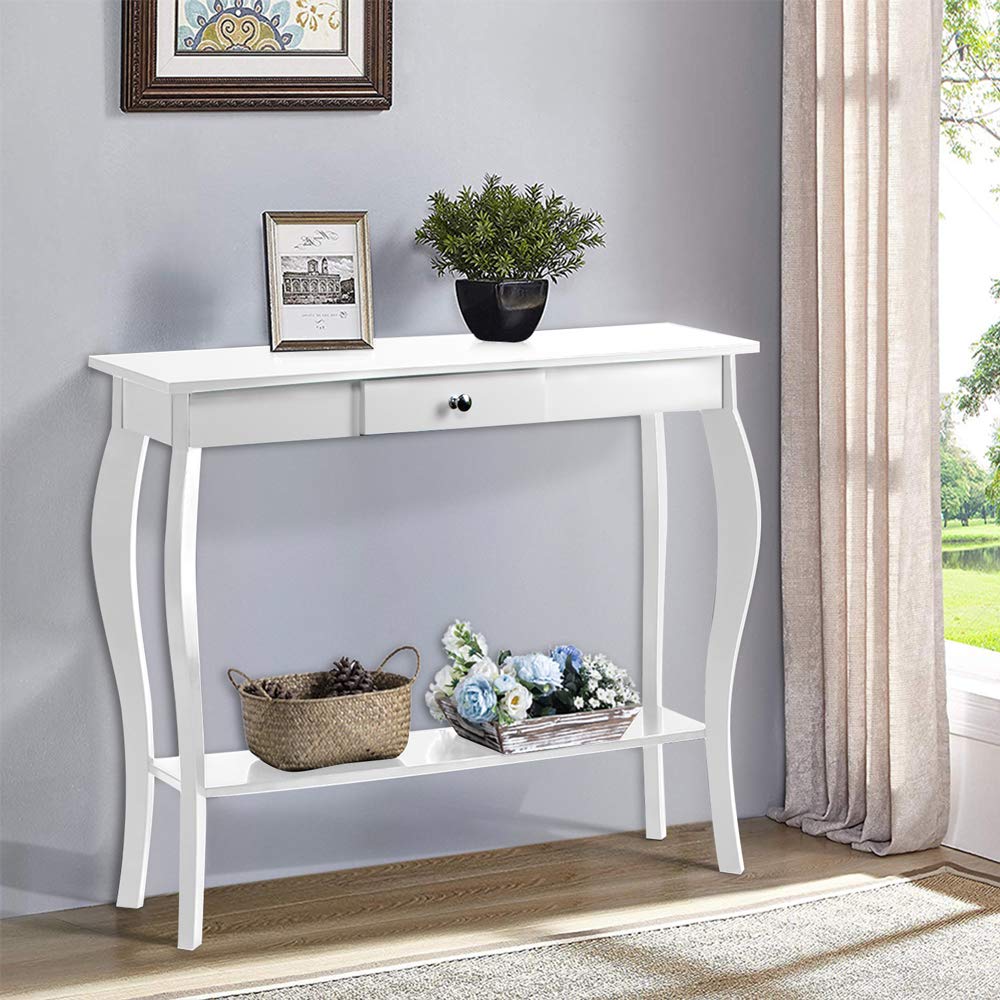 ChooChoo Narrow Console Table with Drawer, Chic Accent Sofa Table, Entryway Table, White ChooChoo