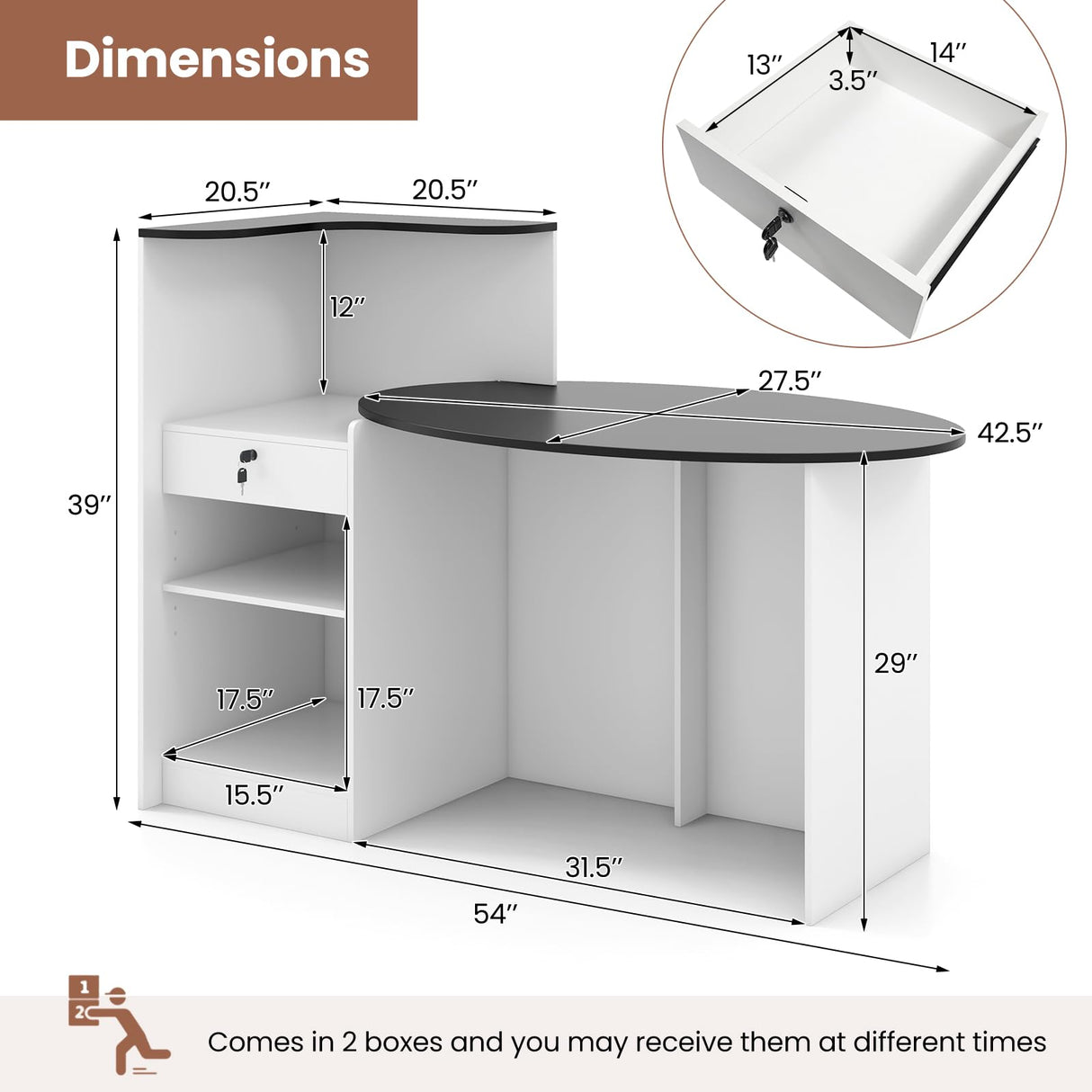 Giantex Reception Desk, Front Counter Desk with Lockable Drawer, Oval Tabletop & Adjustable Shelf, Retail Register Stand, Checkout Table for Office Beauty Salon Reception Room (Black & White) Giantex