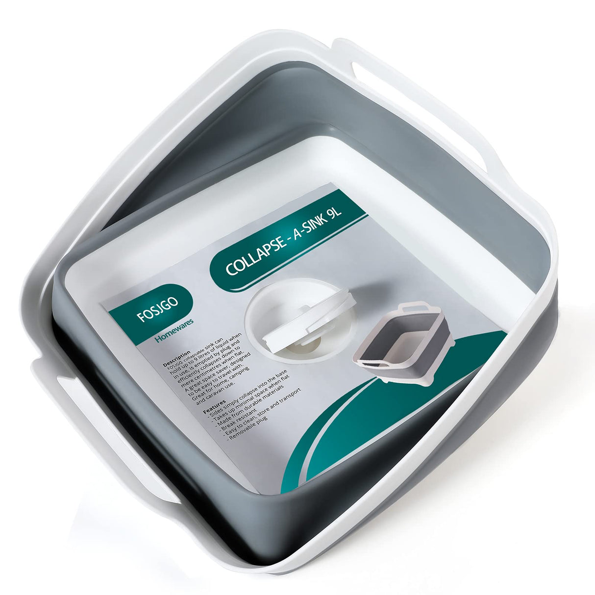 FOSJGO 2.4 Gal(9L) Collapsible Dish Basin with Drain Plug,Space Saving Multiuse Foldable Sink Tub,Dishpan,Kitchen Sink for Camping,Plastic Tub,Vegetable Washing,Beverage Tubs FOSJGO