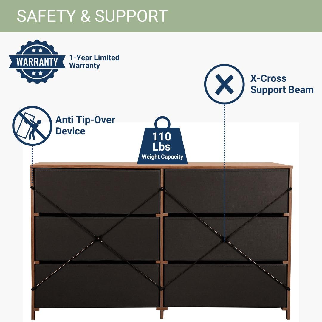 Modern 6-Drawer Dresser with Spacious Storage,Sturdy Wood Frame, and Large Capacity Drawers, Dressers for Bedroom, Home Organization Storage for Living Room or Hallway, Walnut Techni Home