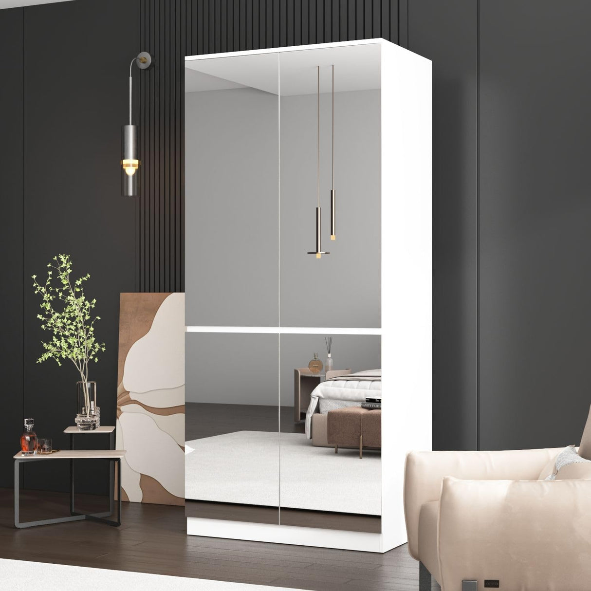 FAMAPY 4 Door Wardrobe Closet with Mirrors, Armoire Wardrobe Closet with Hanging Rod, Mirrored Armoire for Bedroom White (31.5”W x 15.7”D x 70.9”H) FAMAPY