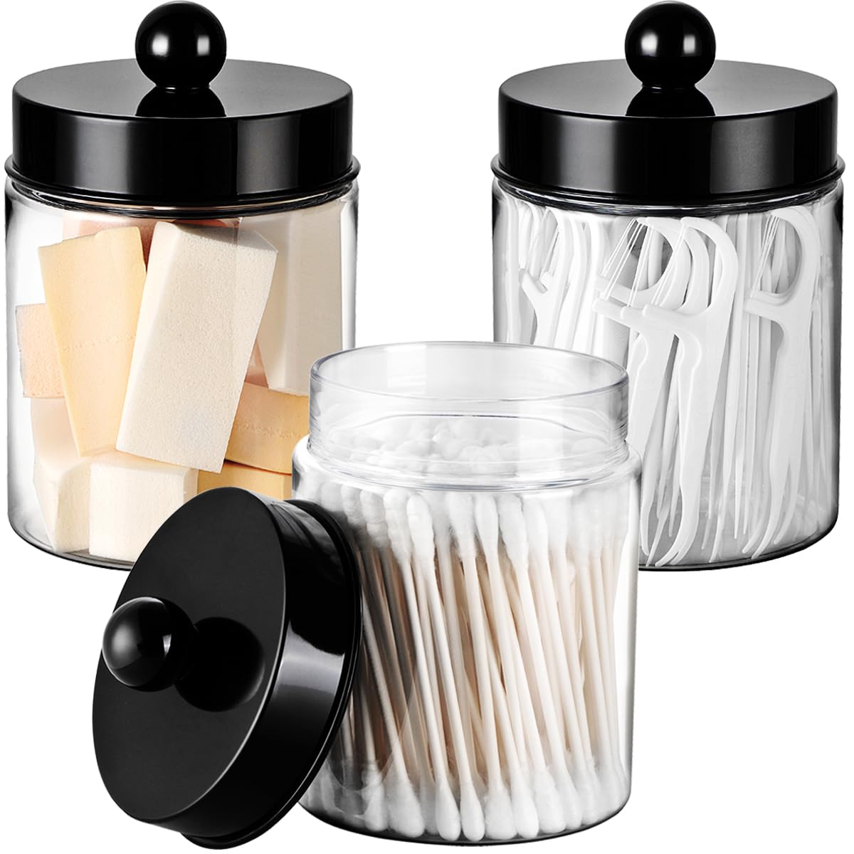 Komashr 3PC Farmhouse Decor Qtip Holder Apothecary Jars Bathroom Vanity Storage Organizer -Countertop Canister Container &Cute Stickers for Cotton Swab, Ball,Pad,Floss ,Paper Clips (Black,Plastic) Komashr