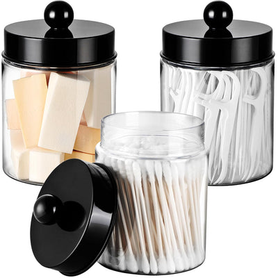 Komashr 3PC Farmhouse Decor Qtip Holder Apothecary Jars Bathroom Vanity Storage Organizer -Countertop Canister Container &Cute Stickers for Cotton Swab, Ball,Pad,Floss ,Paper Clips (Black,Plastic)