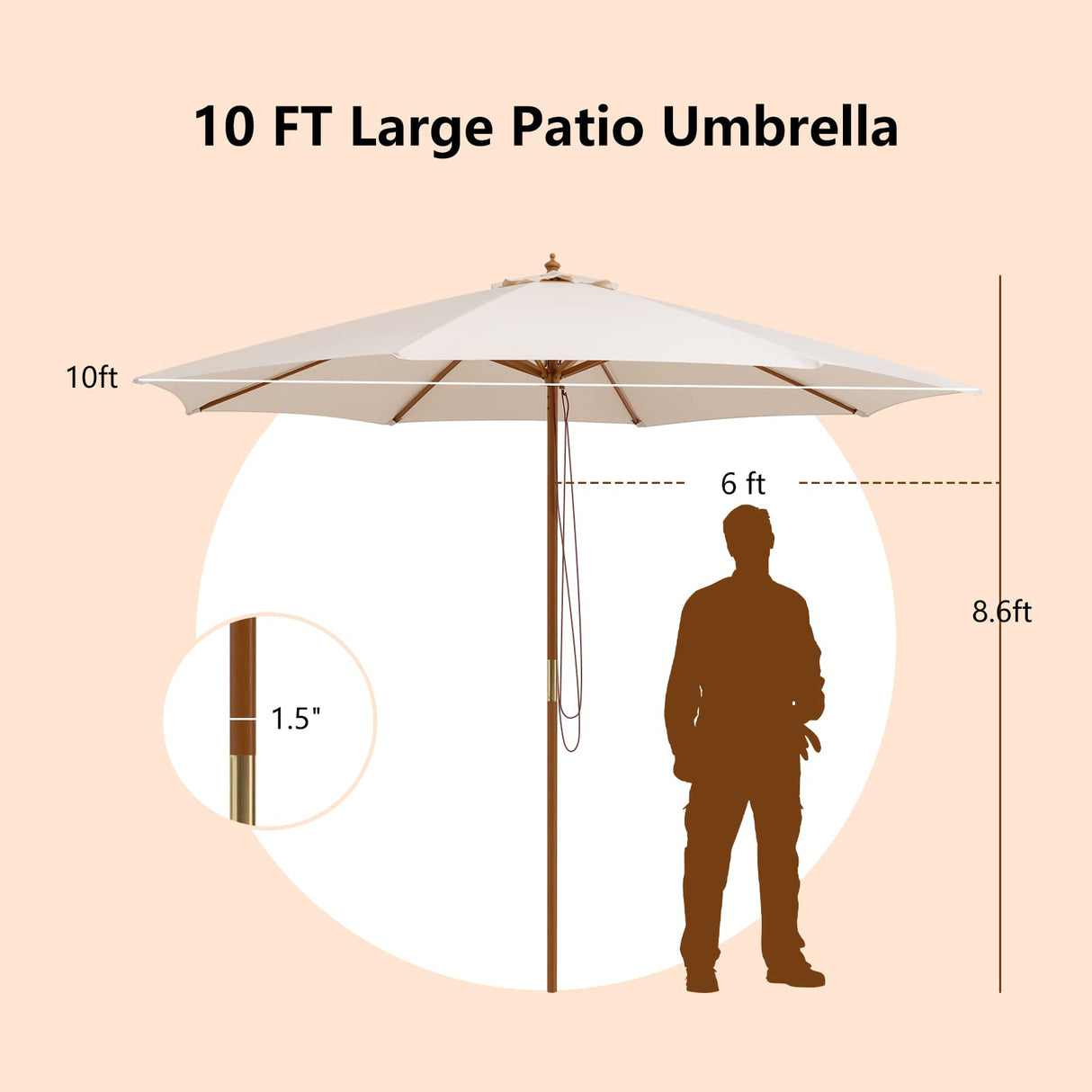 HAPPYGRILL 10 FT Wooden Patio Umbrella with Rope Pulley Lift, 8 Bamboo Ribs, 3 Adjustable Heights, Vented Roof, Outdoor Table Umbrella for Garden Poolside Backyard HAPPYGRILL
