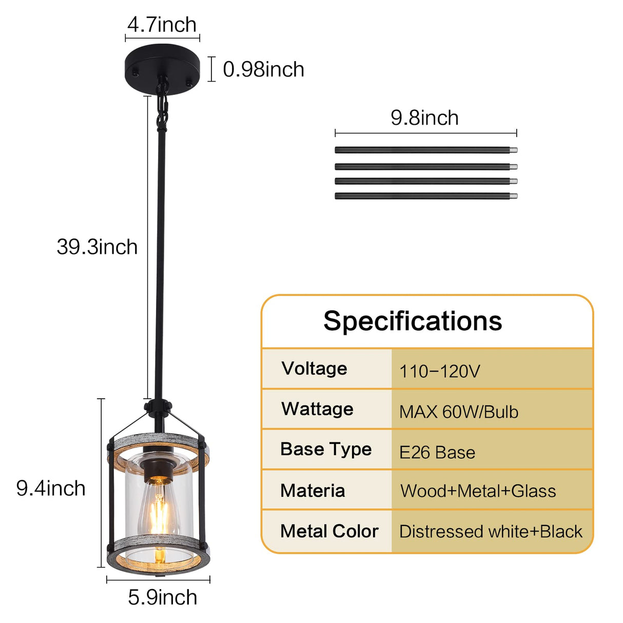 Farmhouse Glass Pendant Light Fixtures,Wood Pendant Light,Adjustable Rustic Farmhouse Pendant Light for Foyer, Sink, Kitchen Island, Porch (1 Light) Raxighn