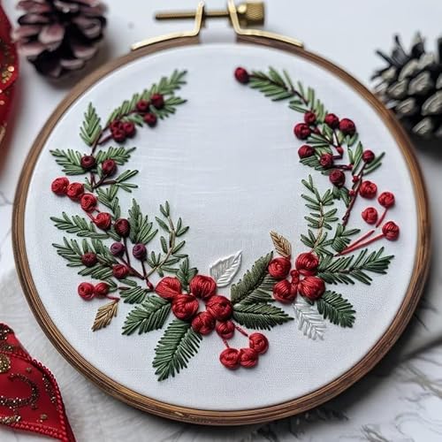 Christmas Embroidery Kit DIY Hand Embroidery Starter Cross Stitch Kits, Christmas Ornaments Embroidery with Stamped Pattern,Cotton,Threads,Needles,Instructions for Adults Beginners (Wreath)